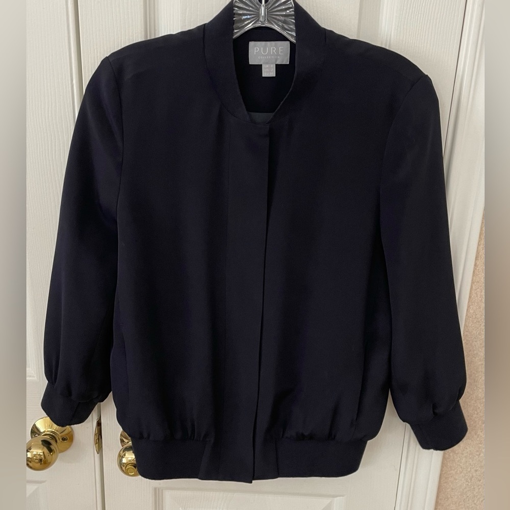 PURE COLLECTION-NWOT Sz 2 100% Silk Dark Navy Blue Jacket, Zipper Down Front
